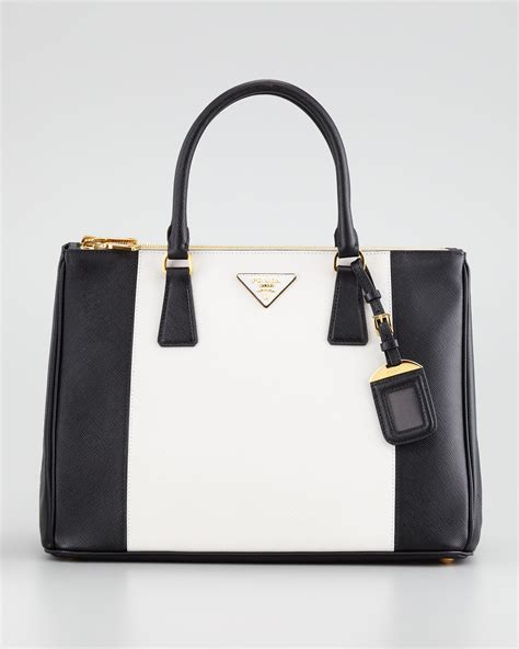 prada bicolor saffiano double-zip tote bag black white|saffiano leather tote.